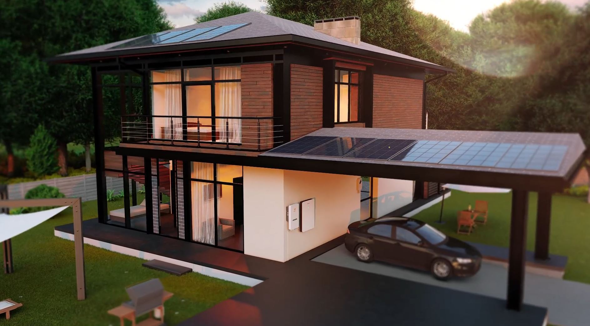Casa moderna com painéis solares e sistema de armazenamento APstorage
