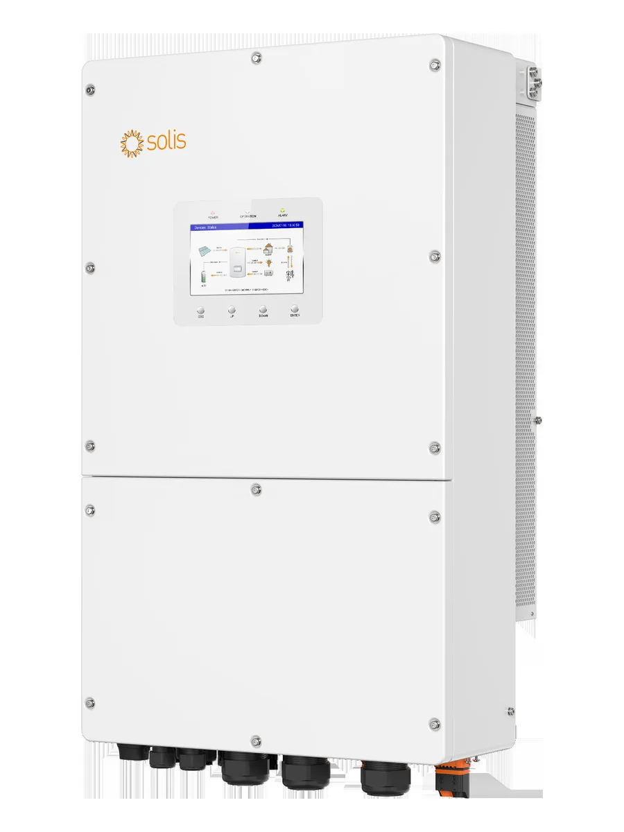 Inversor híbrido trifásico Solis S6-EH3P LV(21A), vista frontal com tela de 7 polegadas